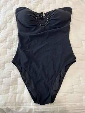 SHAN Strapless Black One-Piece Swimsuit with Decorative Accent